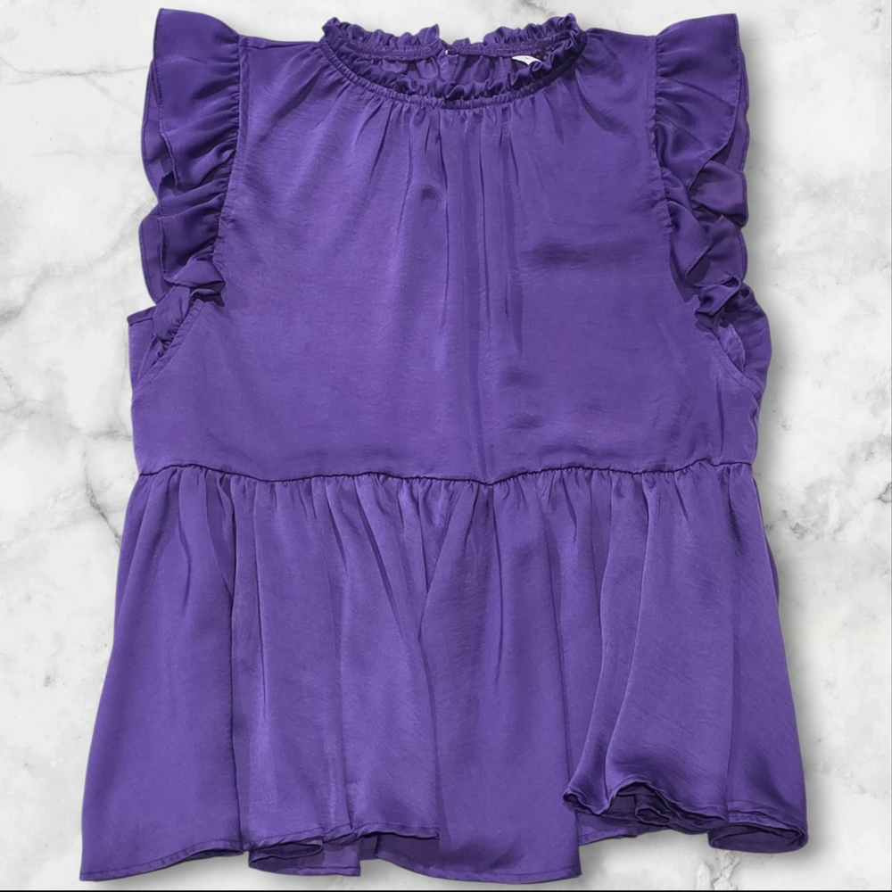 Glam Purple Ruffled Sleeveless Women's Blouse  Top Shirt Size Medium (M) B86